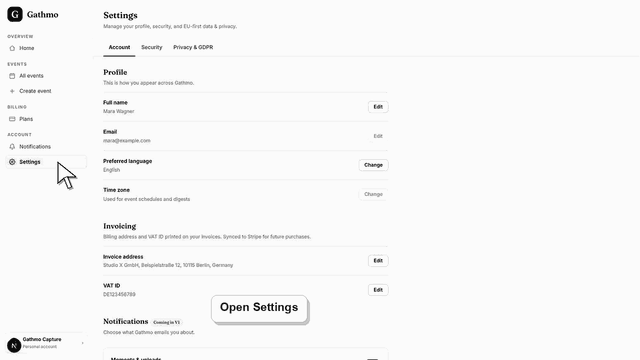 Gathmo dashboard preview for Update billing address and VAT ID