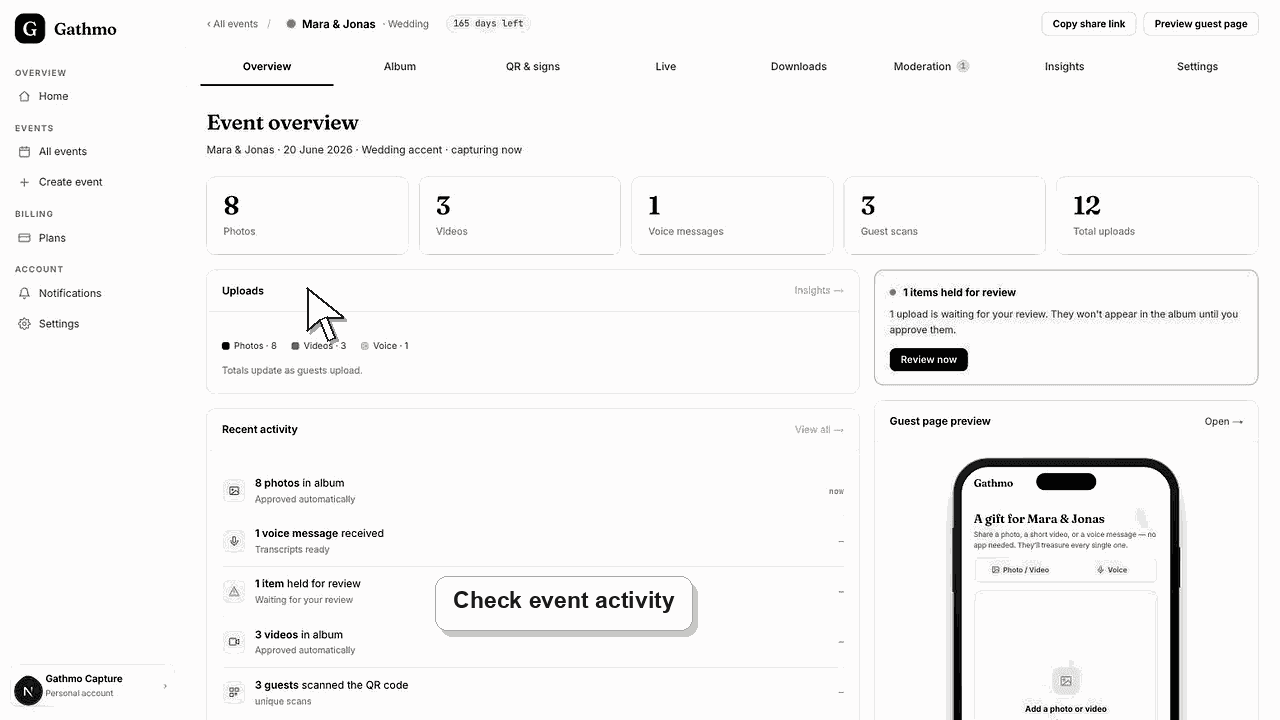 Gathmo dashboard preview for Debug missing uploads