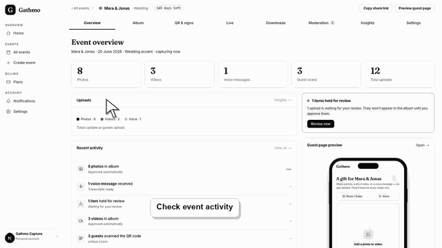 Gathmo dashboard preview for Debug missing uploads