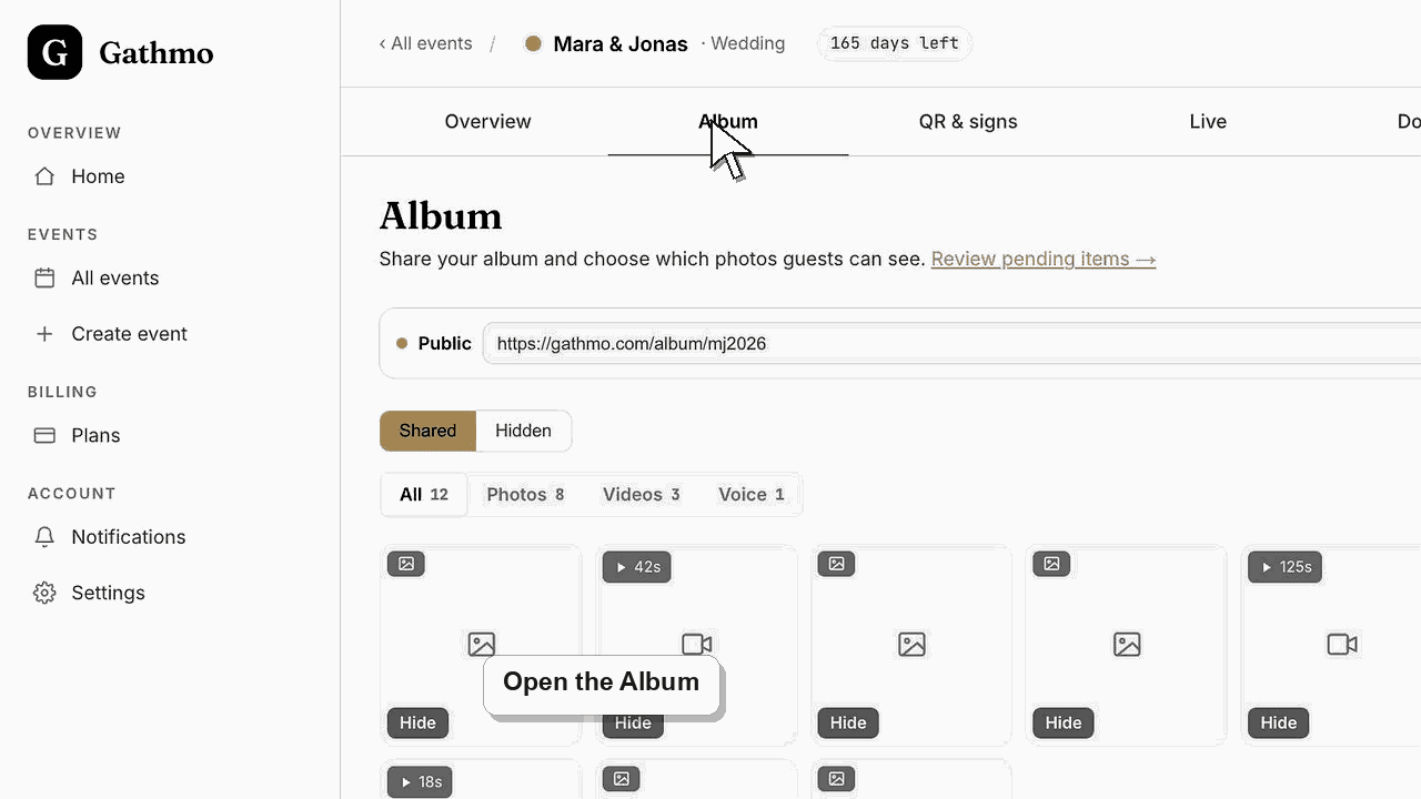 Gathmo dashboard preview for Hide or delete uploads