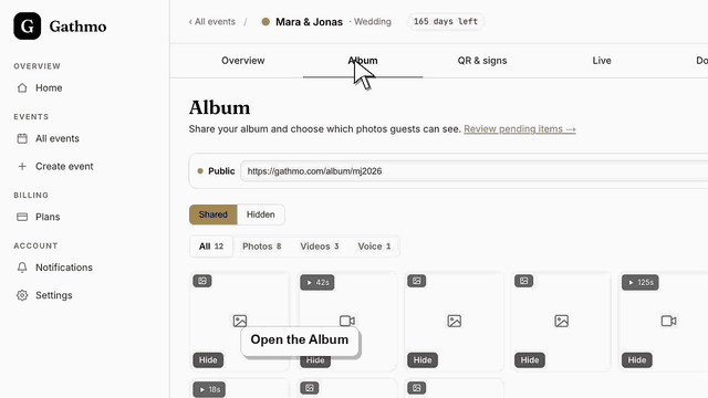 Gathmo dashboard preview for Hide or delete uploads