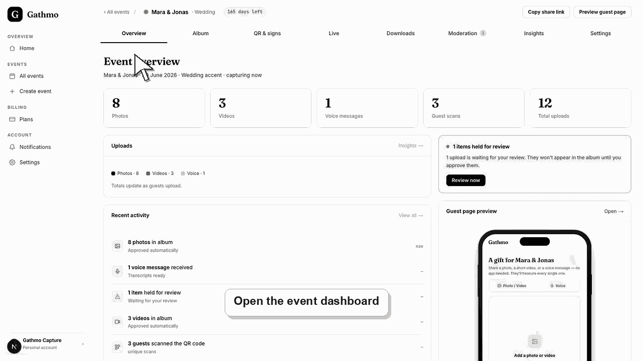 Gathmo dashboard preview for Invite guests with a QR code