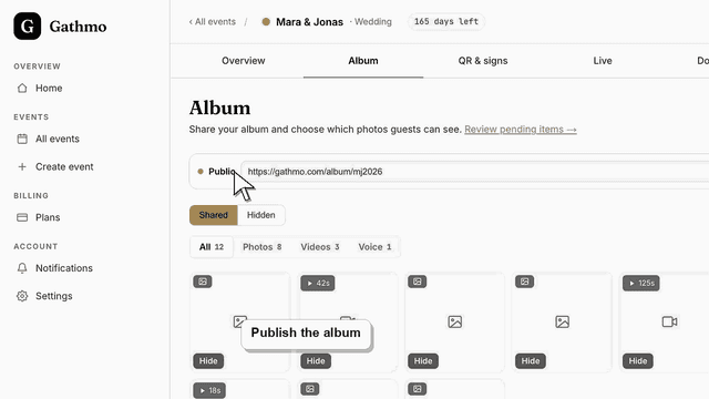 Gathmo dashboard preview for Share the final gallery with guests