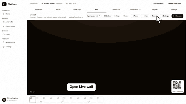 Gathmo dashboard preview for Use the live gallery during an event