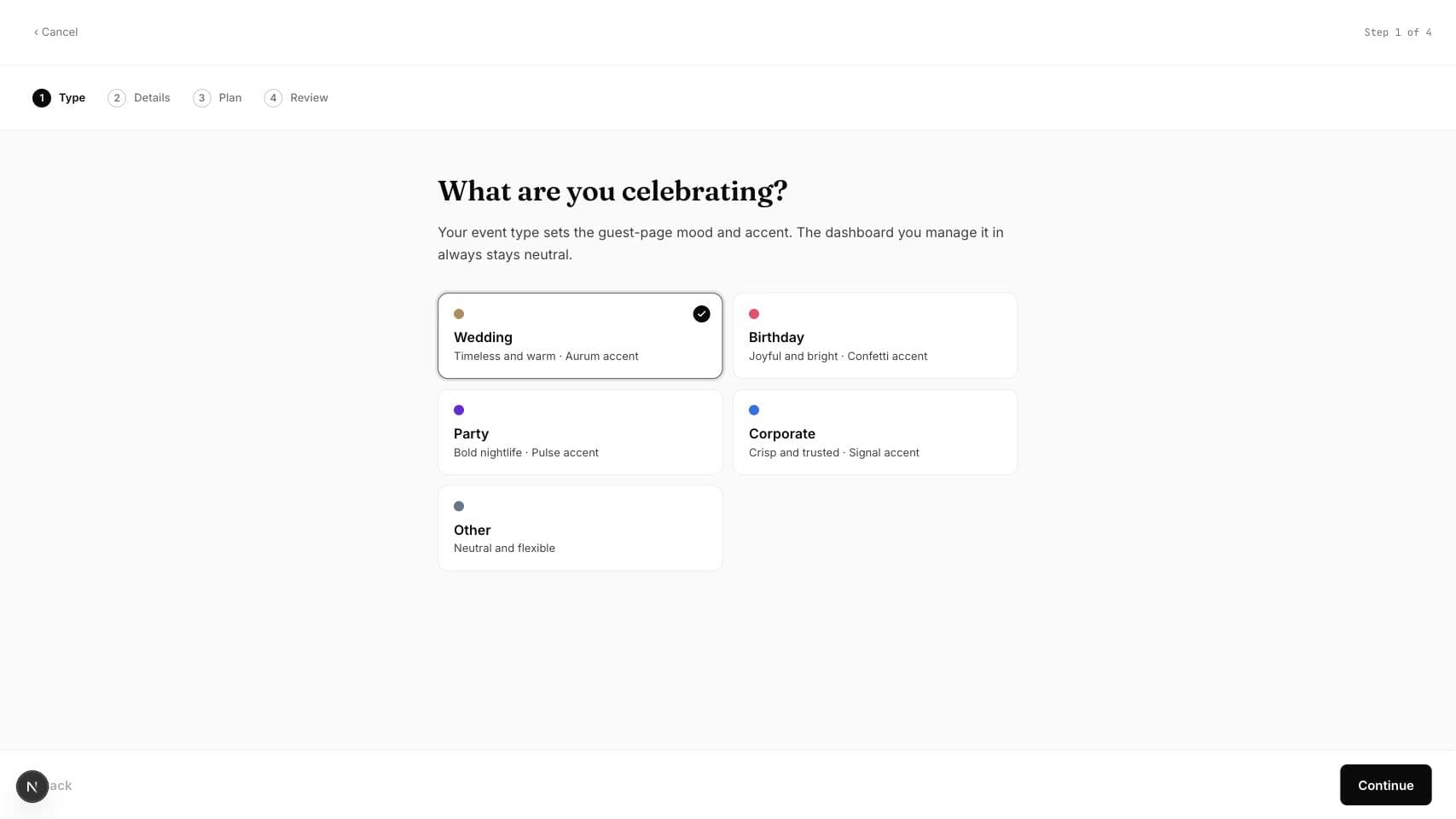 Gathmo dashboard create-event wizard showing event type selection