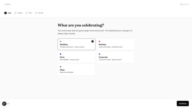 Gathmo dashboard create-event wizard showing event type selection