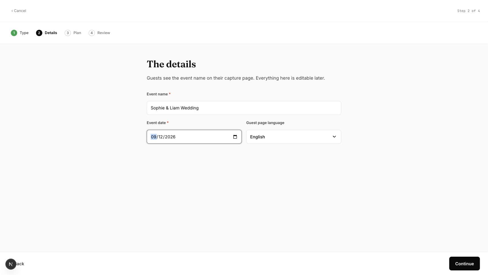 Gathmo dashboard details step with event name, date, and guest-page language
