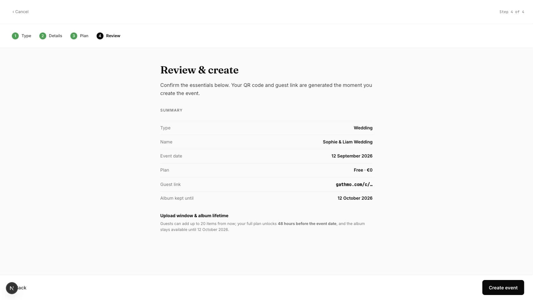 Gathmo dashboard review step before creating an event