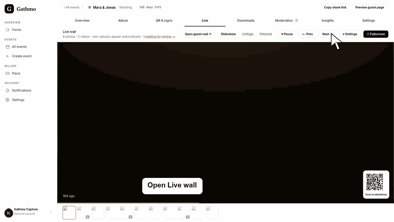Gathmo dashboard preview for Configure the live wall