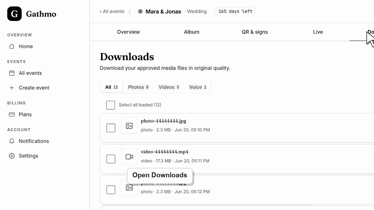 Gathmo dashboard preview for Download a ZIP or selected files