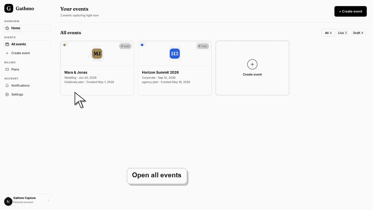 Gathmo dashboard preview for Navigate the event dashboard