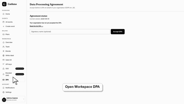 Gathmo dashboard preview for Accept the DPA for business customers
