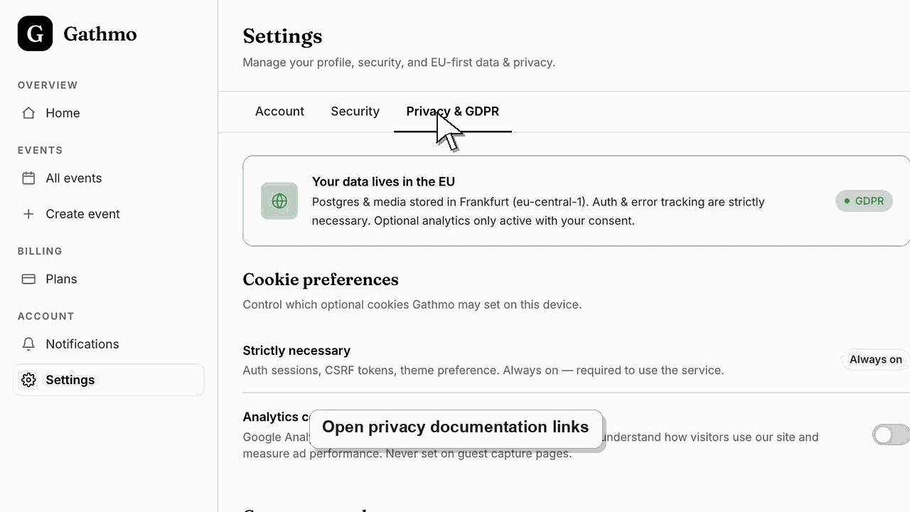 Gathmo dashboard preview for Where event media is stored