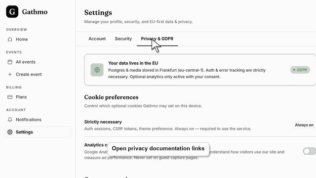 Gathmo dashboard preview for Where event media is stored