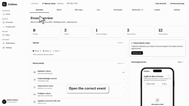 Gathmo dashboard preview for Download your event QR code
