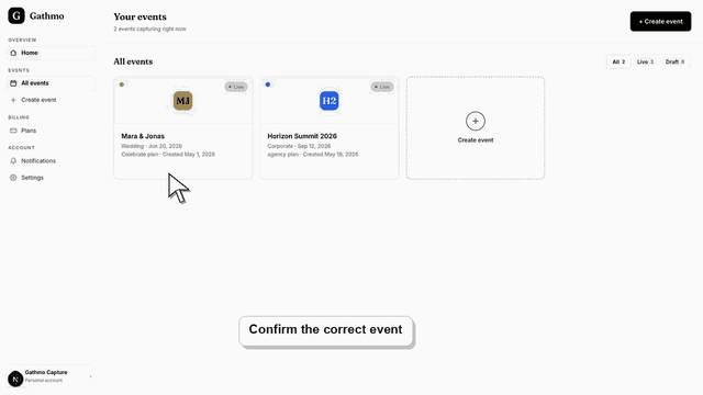 Gathmo dashboard preview for QR code opens the wrong page