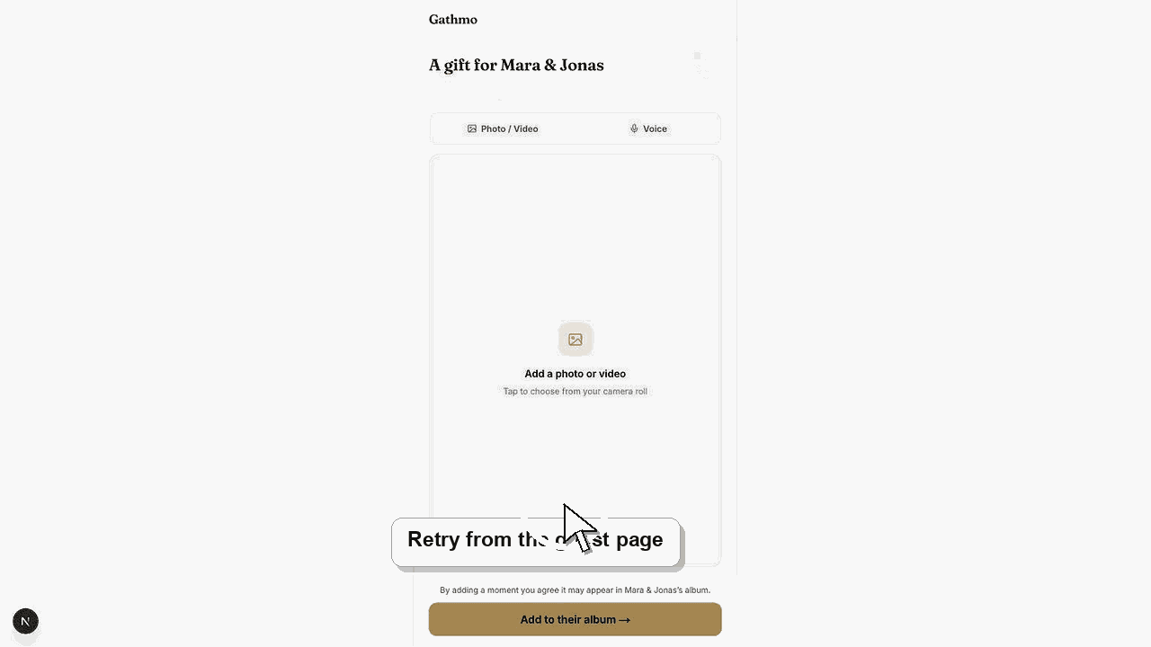 Gathmo dashboard preview for Upload failed