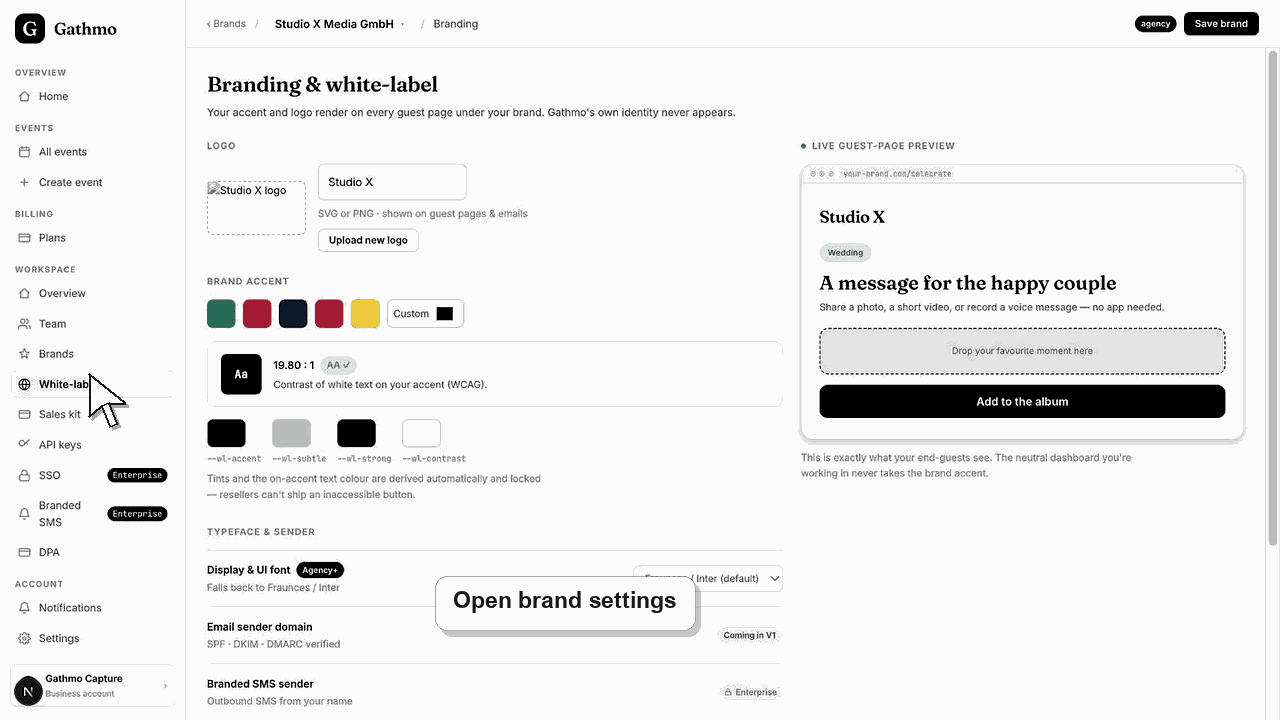 Gathmo dashboard preview for Set brand name, logo, and colors