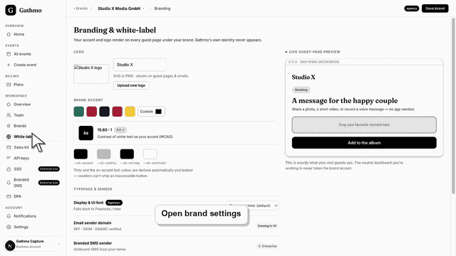 Gathmo dashboard preview for Set brand name, logo, and colors