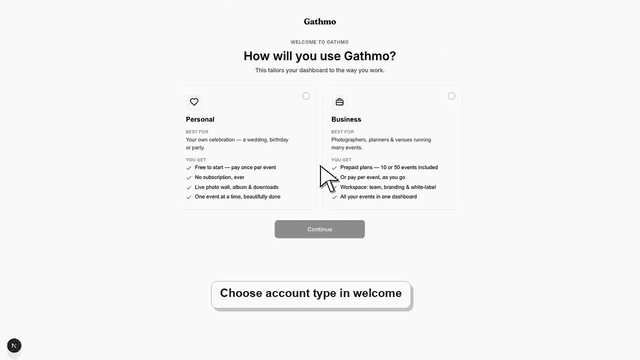 Gathmo dashboard preview for Choose personal vs business account in the welcome flow