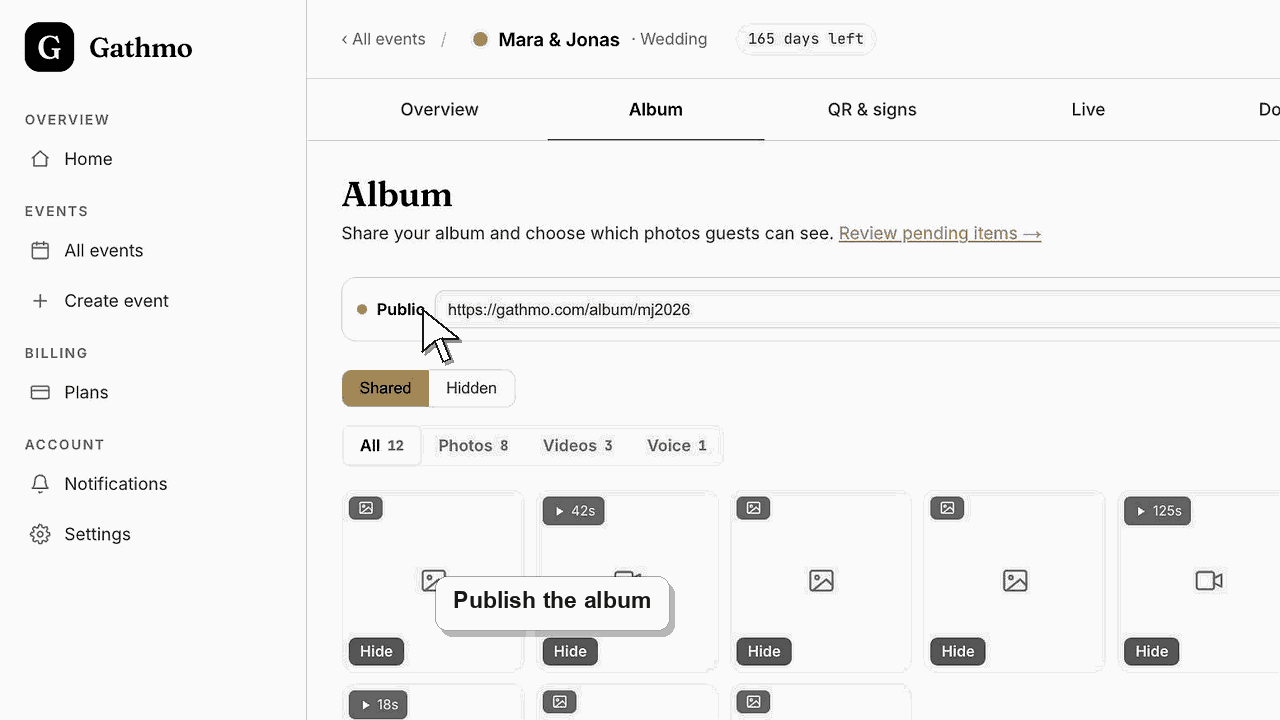 Gathmo dashboard preview for Share the final gallery with guests