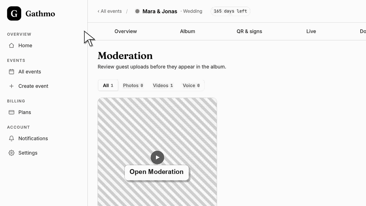 Gathmo dashboard preview for Approve, reject, flag, and bulk-approve guest uploads