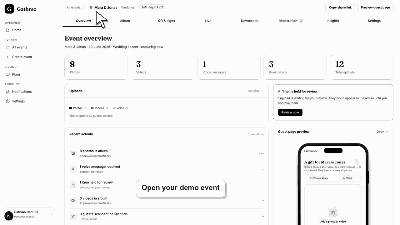 Gathmo dashboard preview for Why a dashboard feature is disabled in demo mode