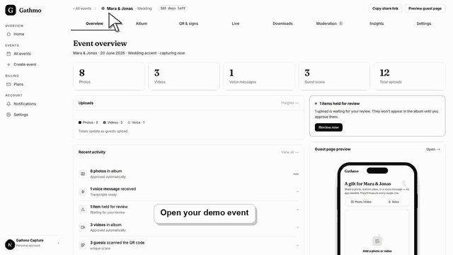 Gathmo dashboard preview for Why a dashboard feature is disabled in demo mode