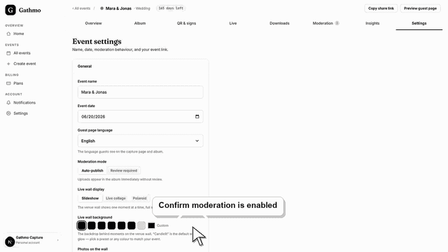Gathmo dashboard preview for Review guest uploads before they appear