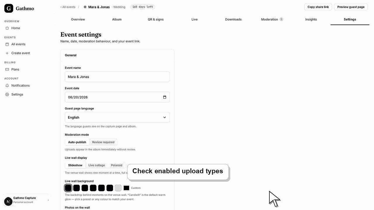 Gathmo dashboard preview for File types and upload limits