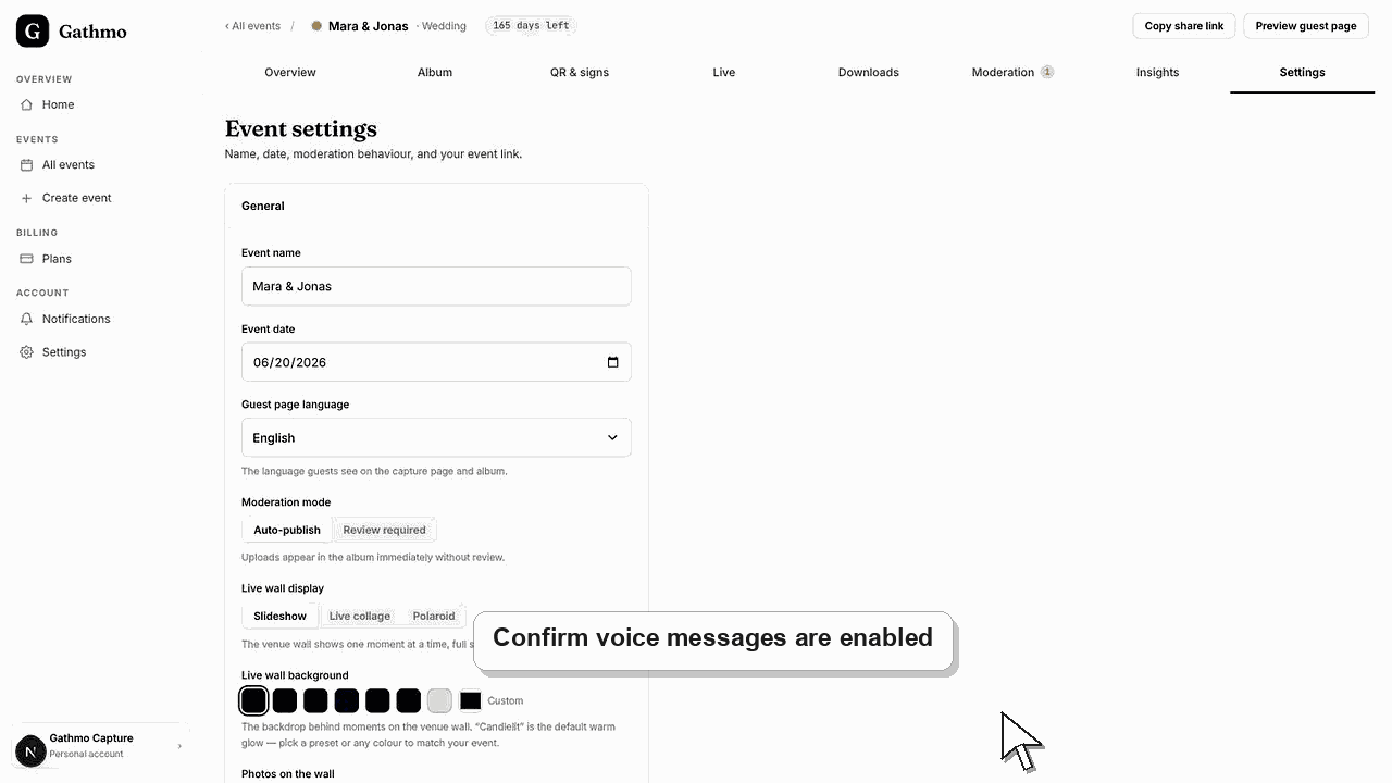 Gathmo dashboard preview for How guests record voice messages