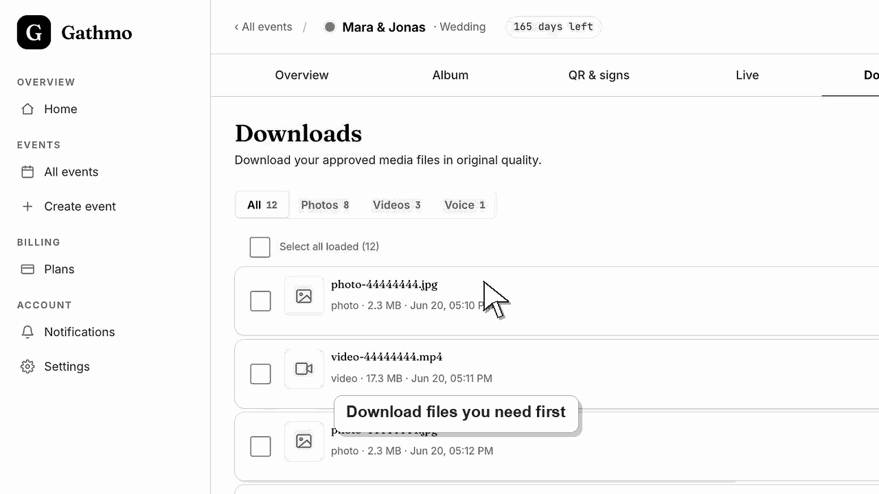 Gathmo dashboard preview for Data retention and deletion