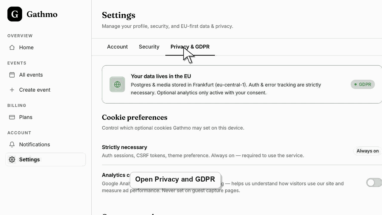 Gathmo dashboard preview for Delete your account or export account data