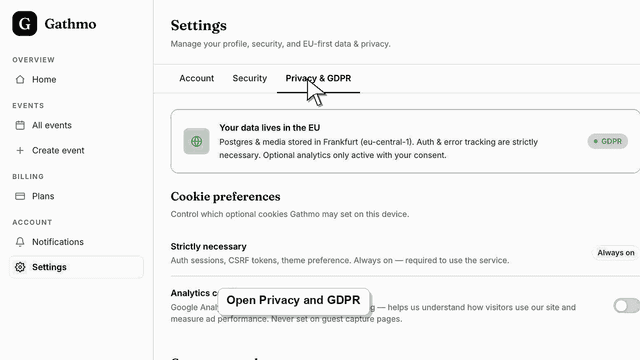 Gathmo dashboard preview for Delete your account or export account data