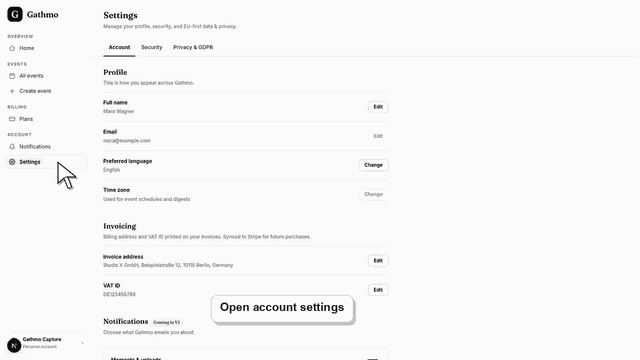 Gathmo dashboard preview for Review active sessions and sign out other devices