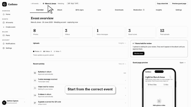 Gathmo dashboard preview for Event link was shared with the wrong people