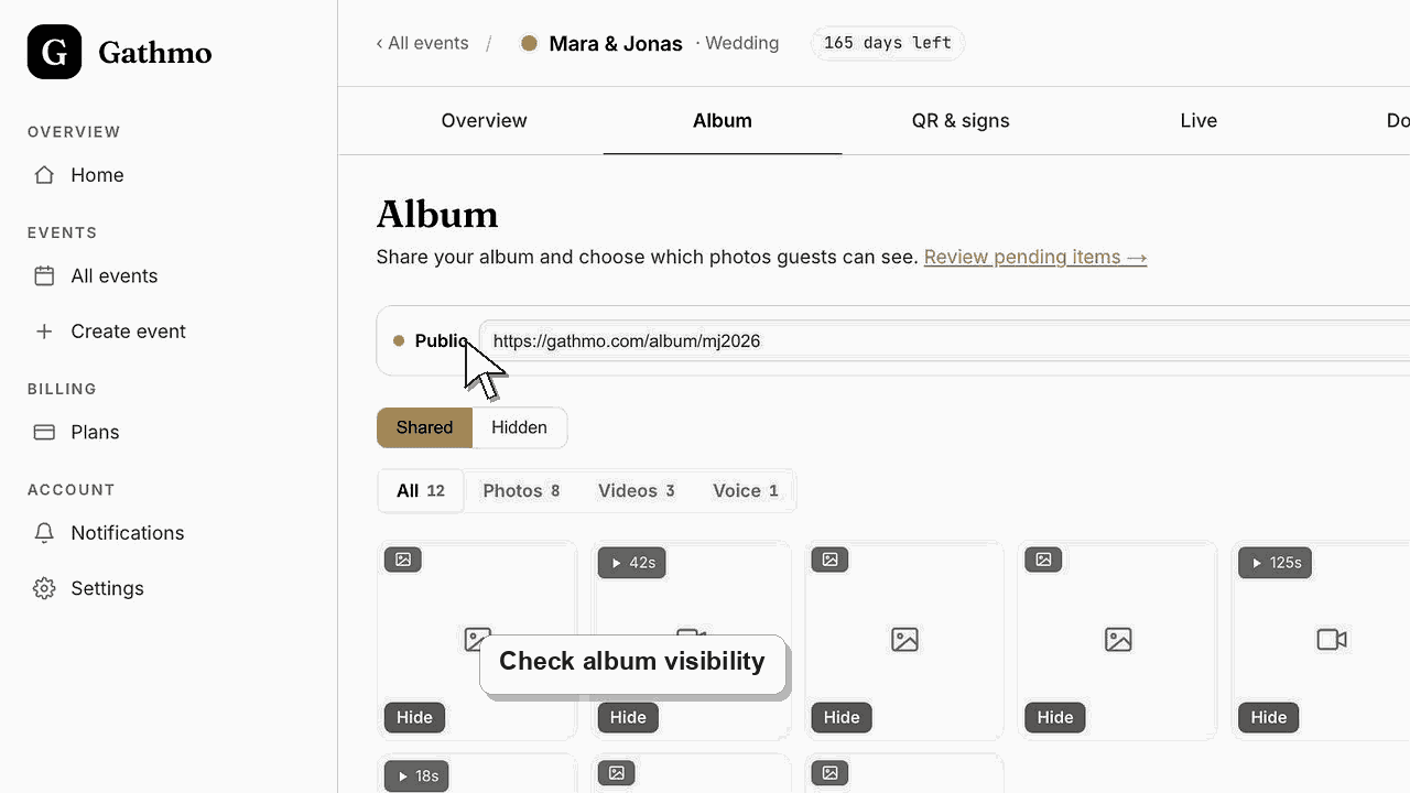 Gathmo dashboard preview for Guests cannot see the gallery