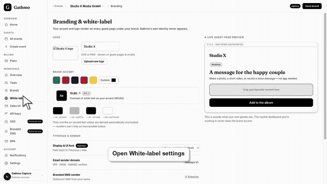 Gathmo dashboard preview for Add, verify, or remove a custom domain