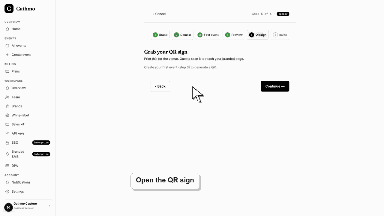 Gathmo dashboard preview for Download a branded QR sign for a client event