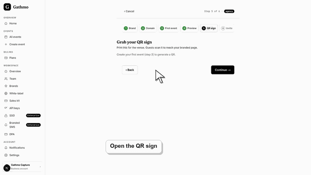 Gathmo dashboard preview for Download a branded QR sign for a client event