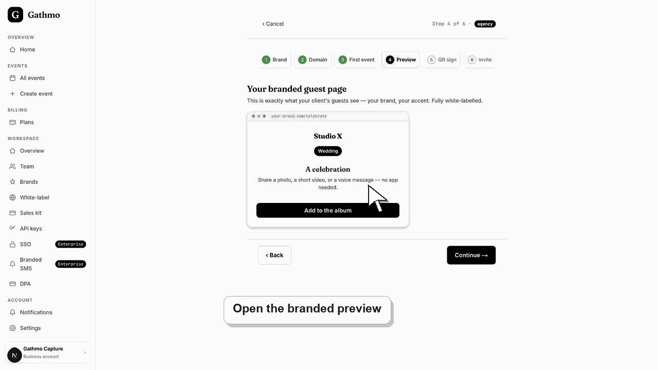 Gathmo dashboard preview for Preview the branded guest page before launch