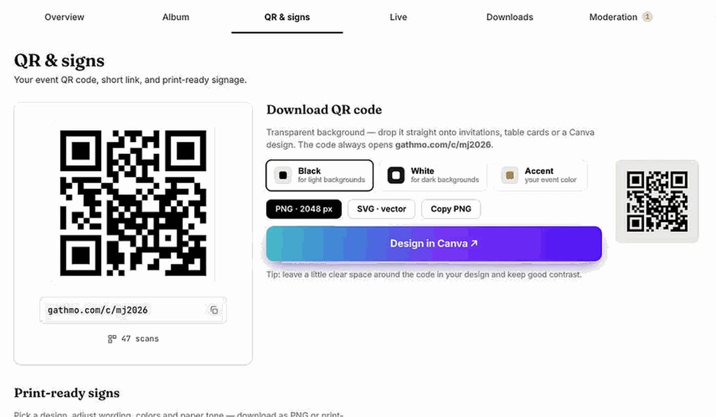 QR-kode og ferdige skilt i dashbordet