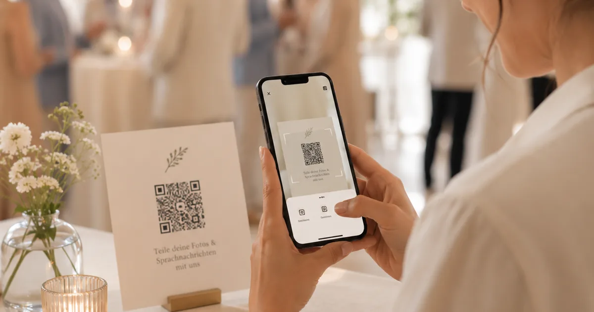 Wedding guest scanning a QR code table sign to record an audio guestbook message on her phone