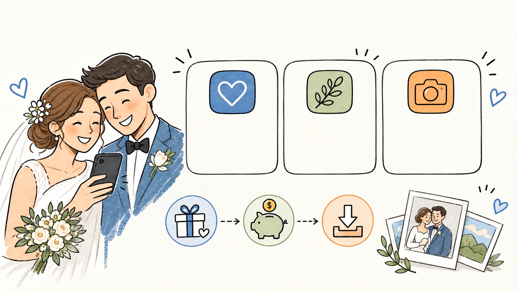 Illustration of a wedding couple comparing photo sharing options, with icons for saving and downloading memories