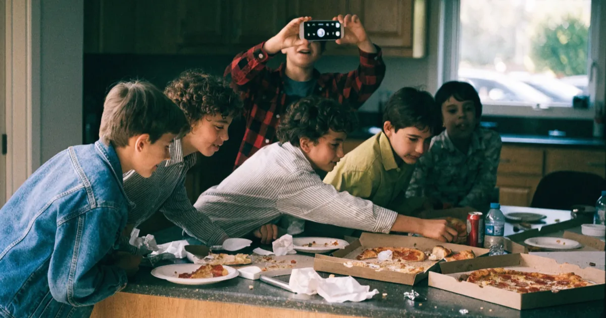 Six tweens crowded around a kitchen island covered in pizza boxes and paper plates at a birthday party, one holding a phone above the group