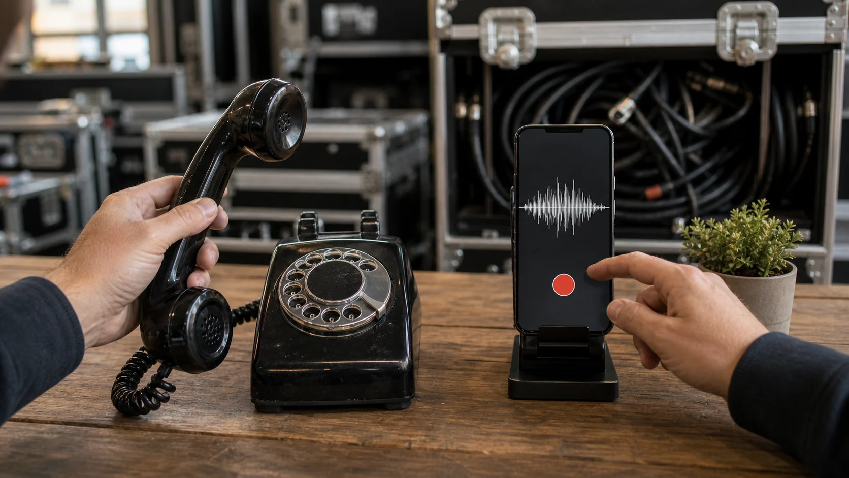 A vintage telephone audio guestbook beside a phone showing a QR-based voice recording screen