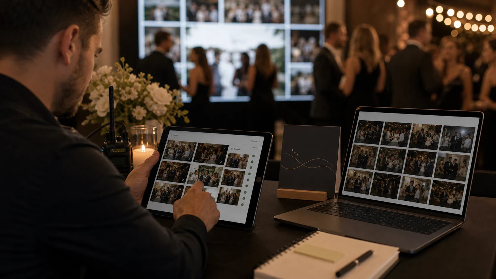 A moderation queue where an event host approves guest uploads before they appear publicly
