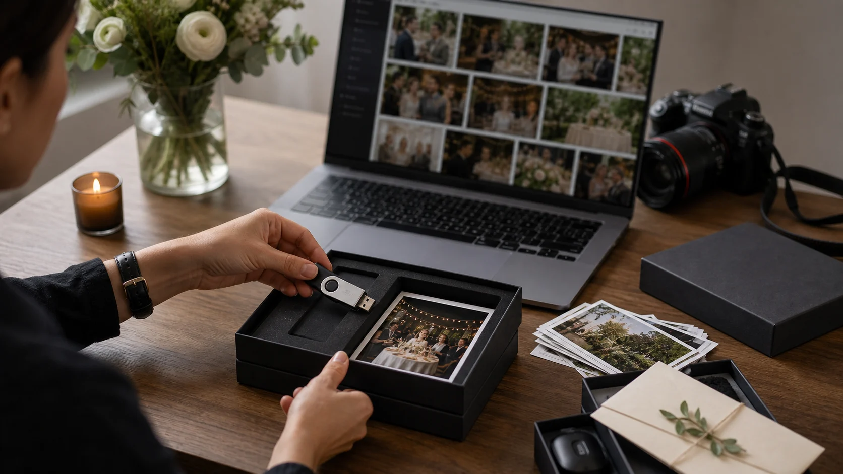 A polished event gallery being delivered to a client via a branded link and a ZIP download
