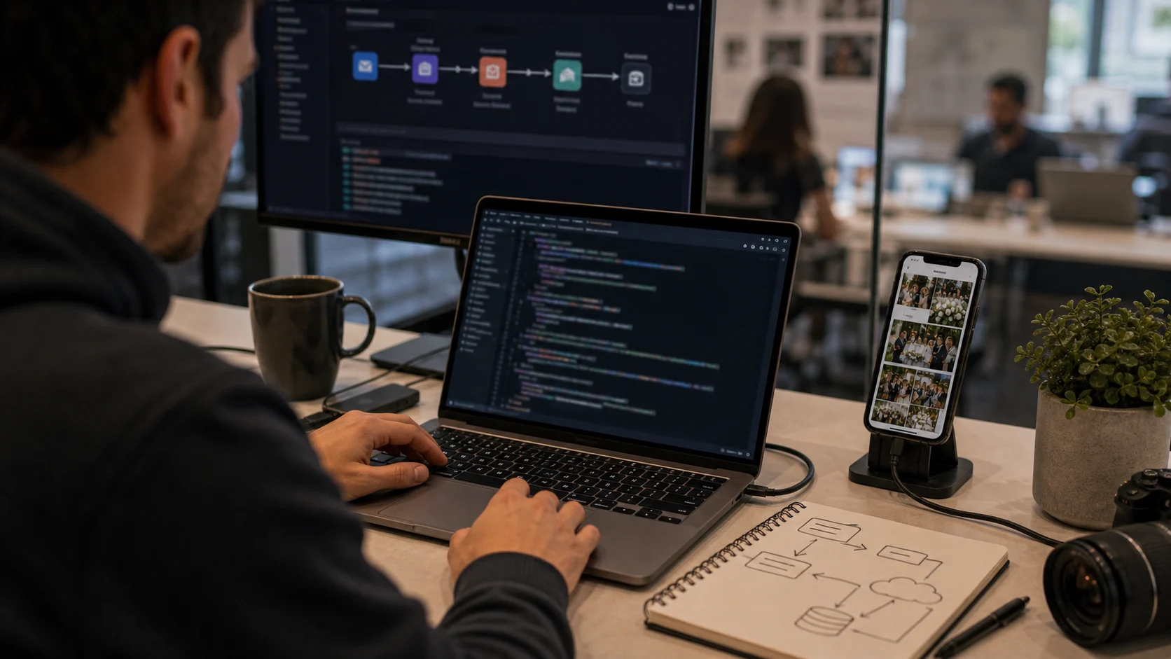 Code automating event creation through an API, integrating guest media into a booking stack