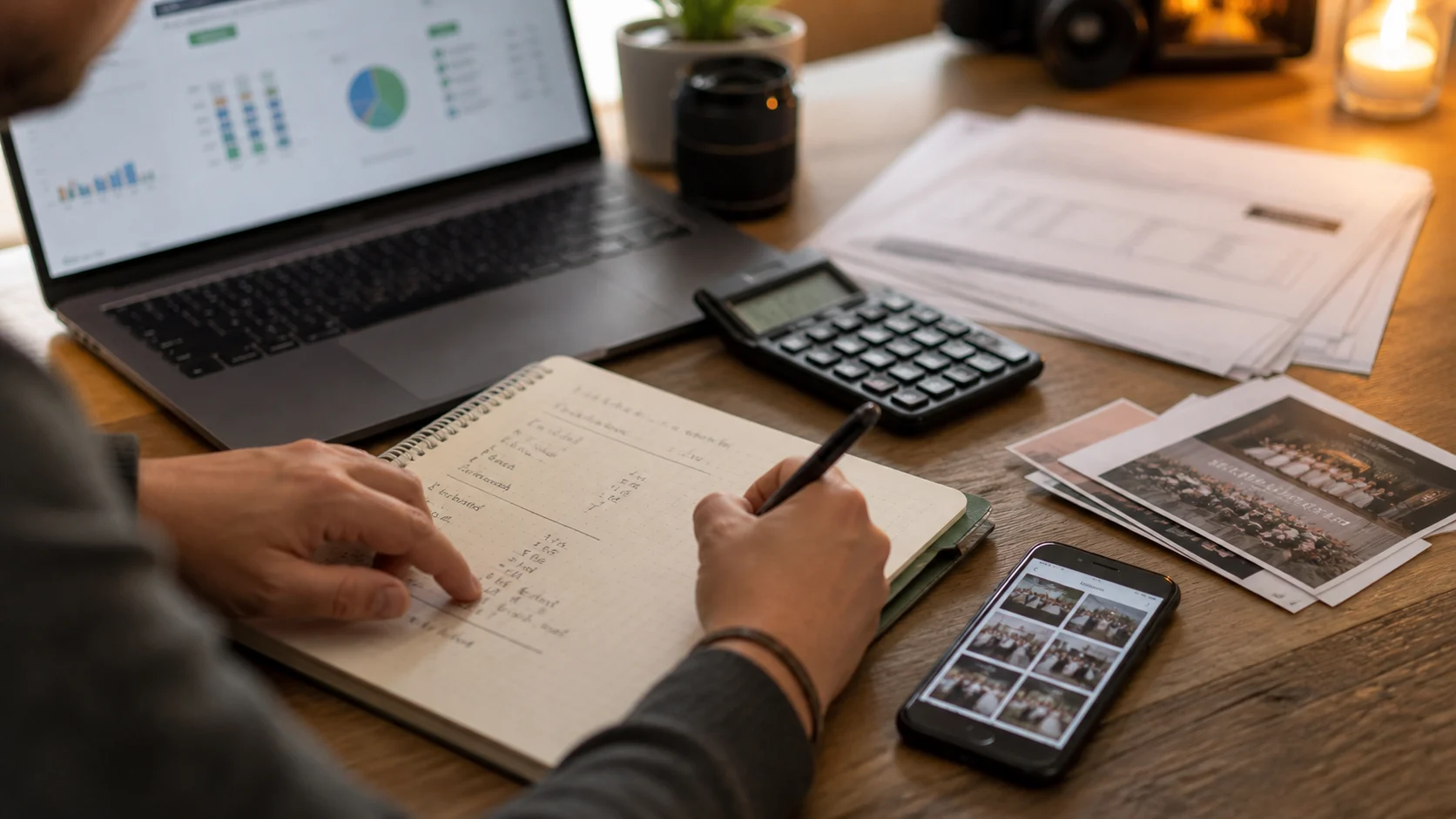 Photographer reviewing event bookings and pricing on a laptop to calculate reseller margin